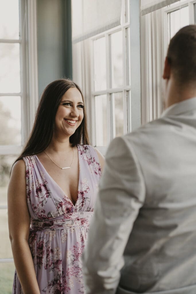 Engaged woman at Bohemia Overlook and Rosewood Farms