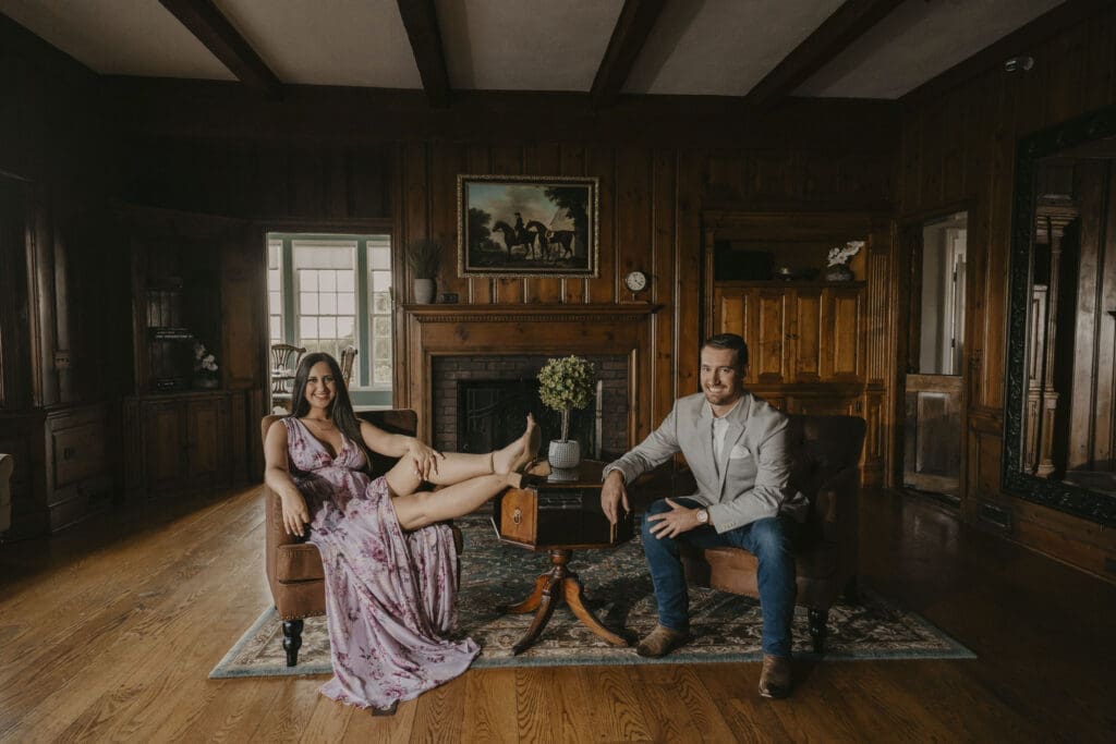 Bohemia Overlook and Rosewood Farms indoor engagement photo session
